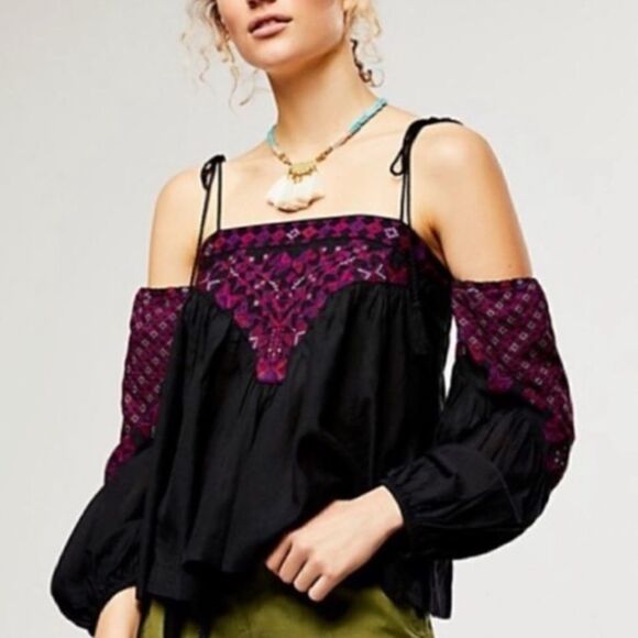 NWT  Free People Black Purple Boho Top - Picture 1 of 4
